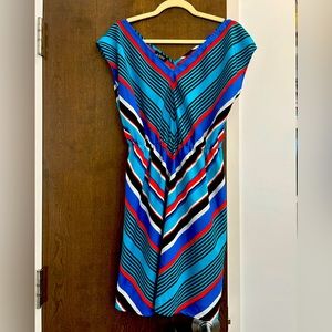A.Byer Teal, Black, Red Geometric Stripe V-Neck Dress Women's Size Large